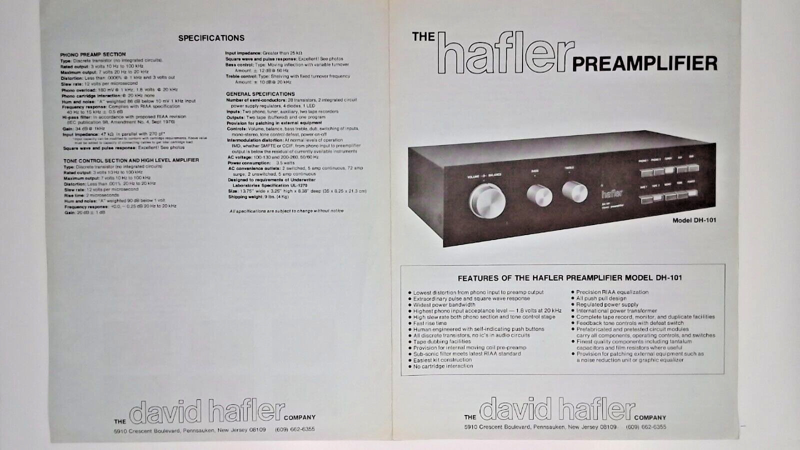 🔵 The Hafler DH 101 Preamplifier Brochure Pamphlet Information Print Ad