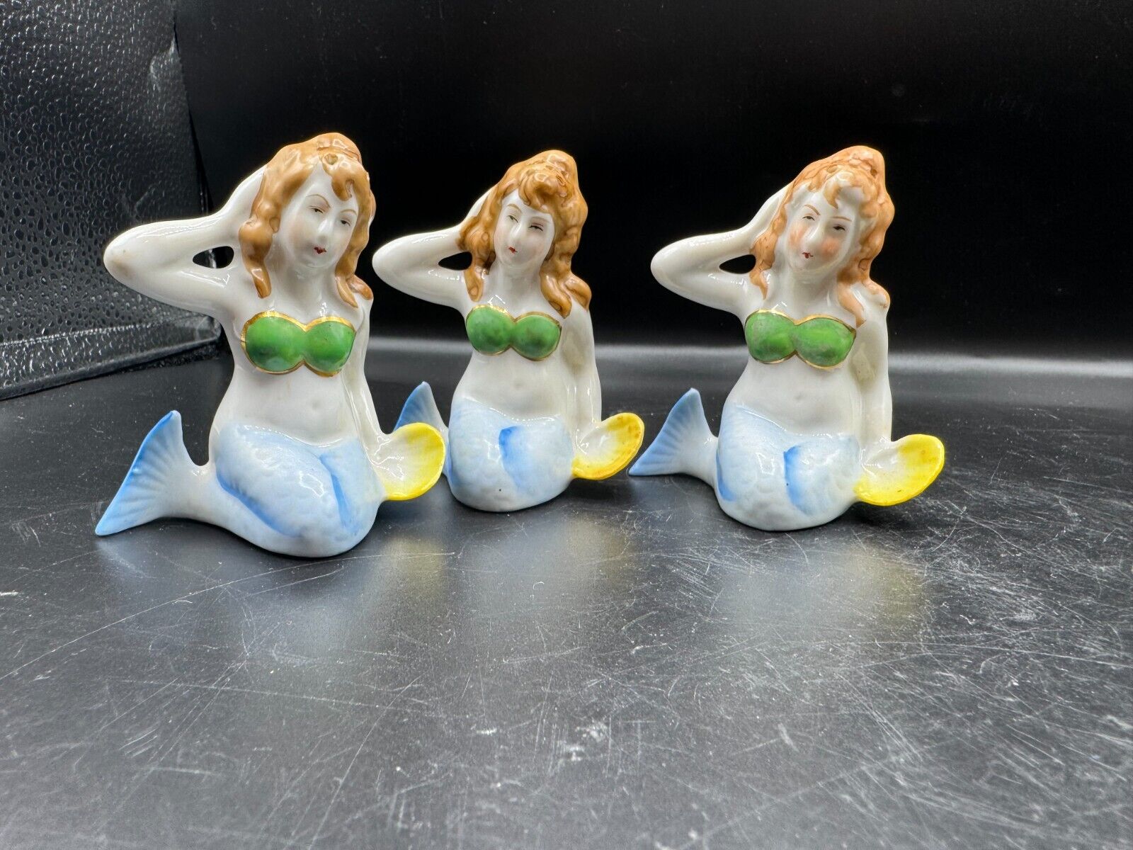 Vintage Trio Mermaid Figurines Salt Pepper Shakers 1940-50s Nautical Seashells
