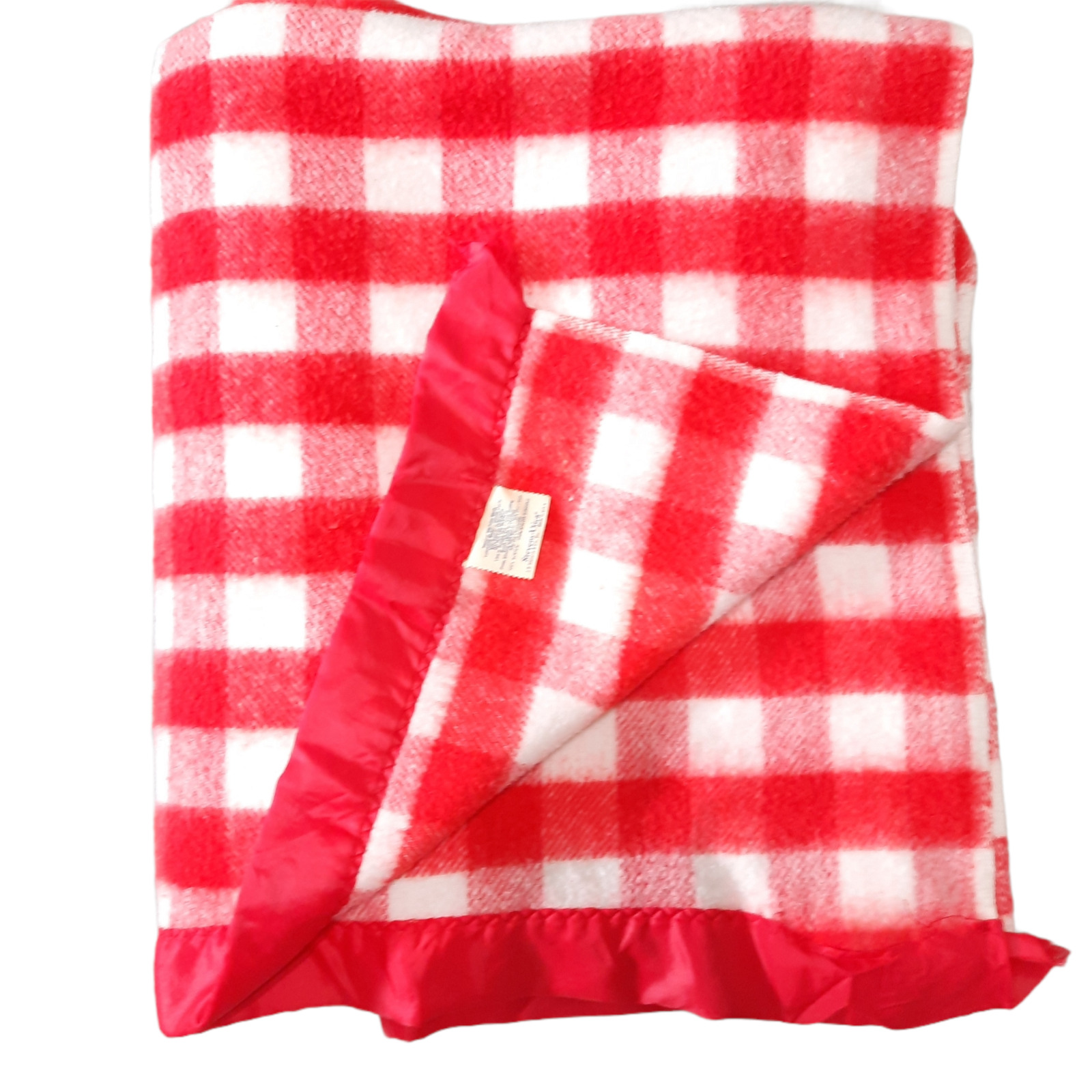 Vintage Stevens Utica Plaid Acrylic Blanket red white Nylon edge gingham picnic