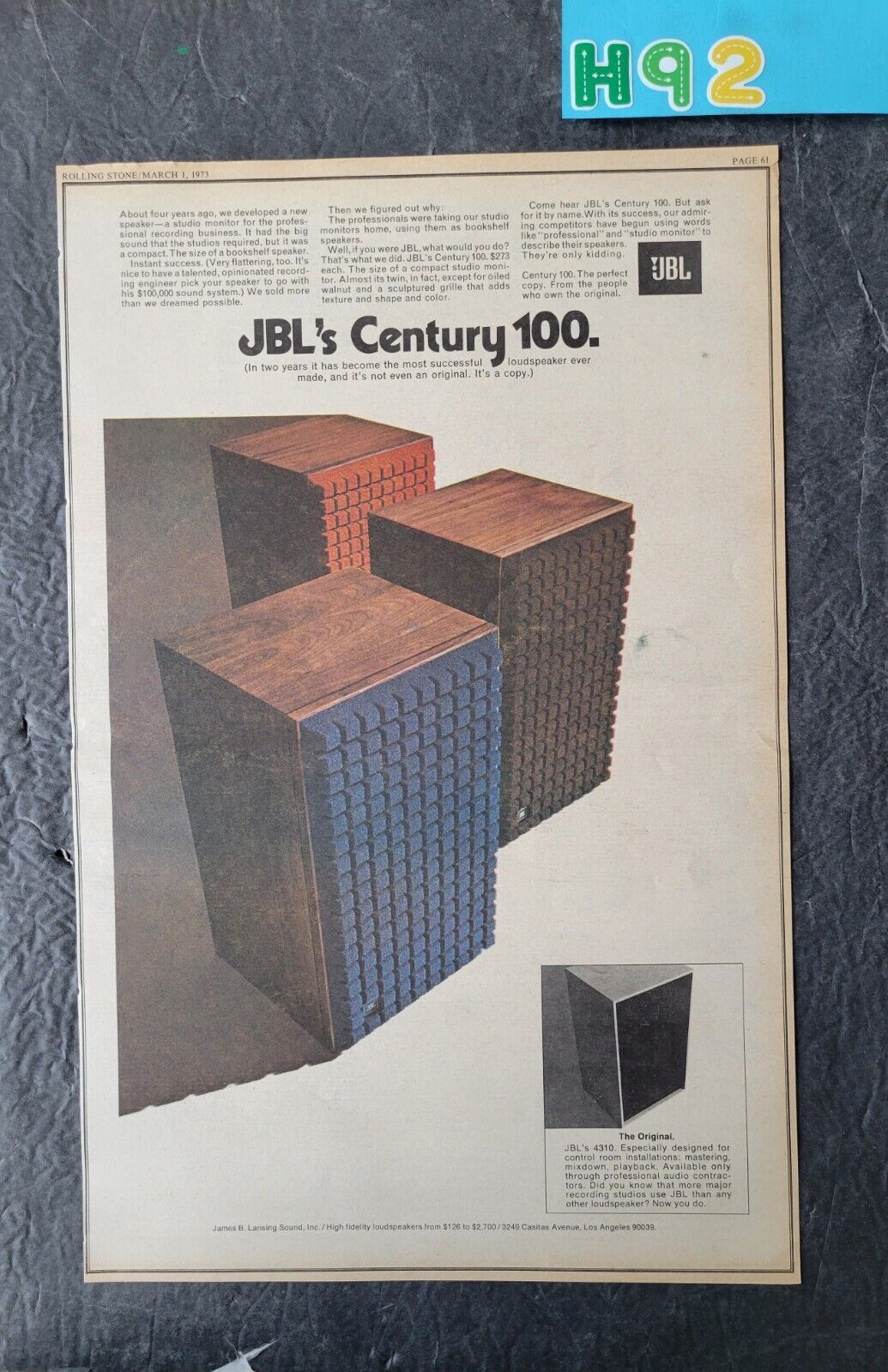 JBL Century 100 Speaker Promo Print Advertisement Vintage 1973