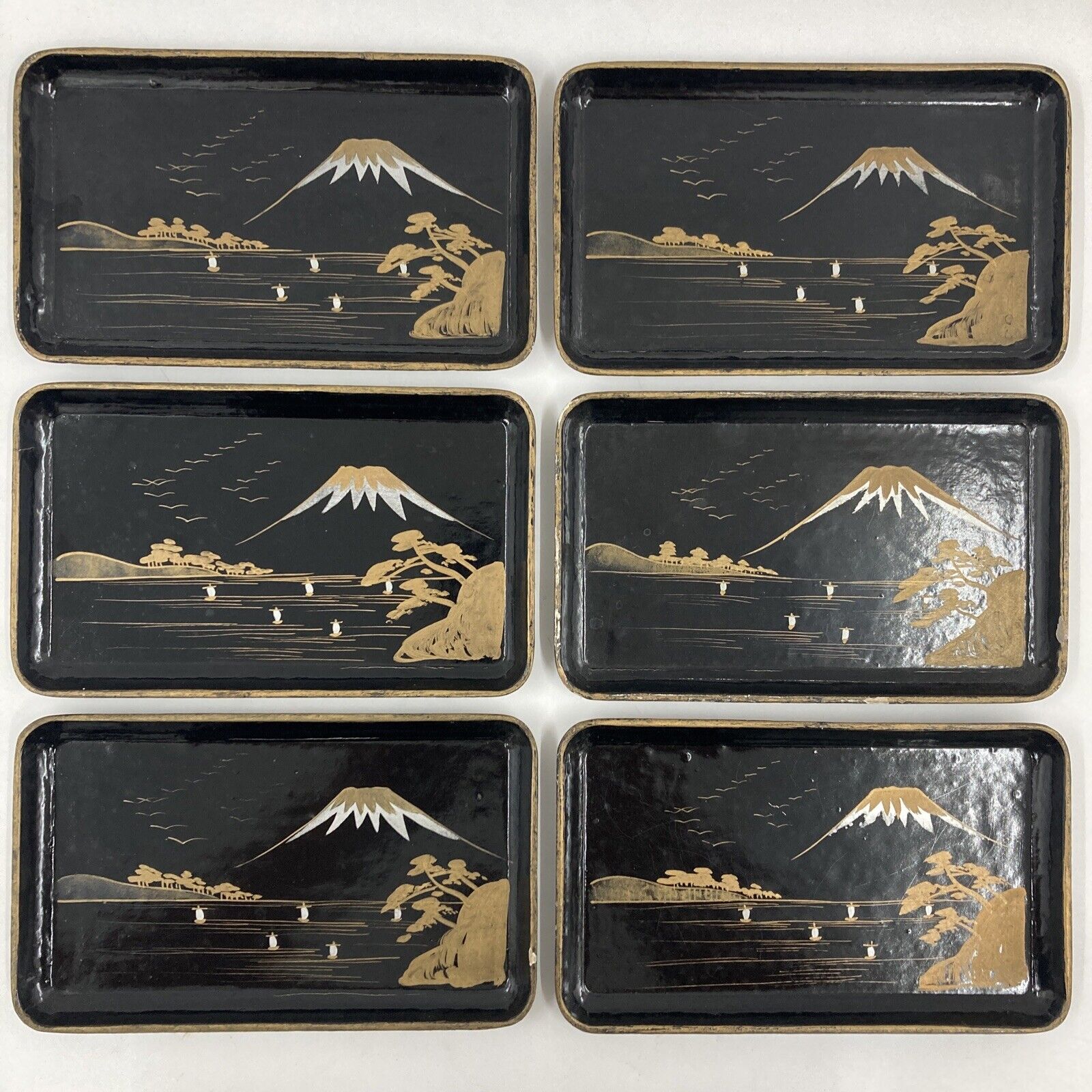 Vintage Set Of 6 Trays Occupied Japan 1945-1951 Mount Fuji Scenic Black Lacquer