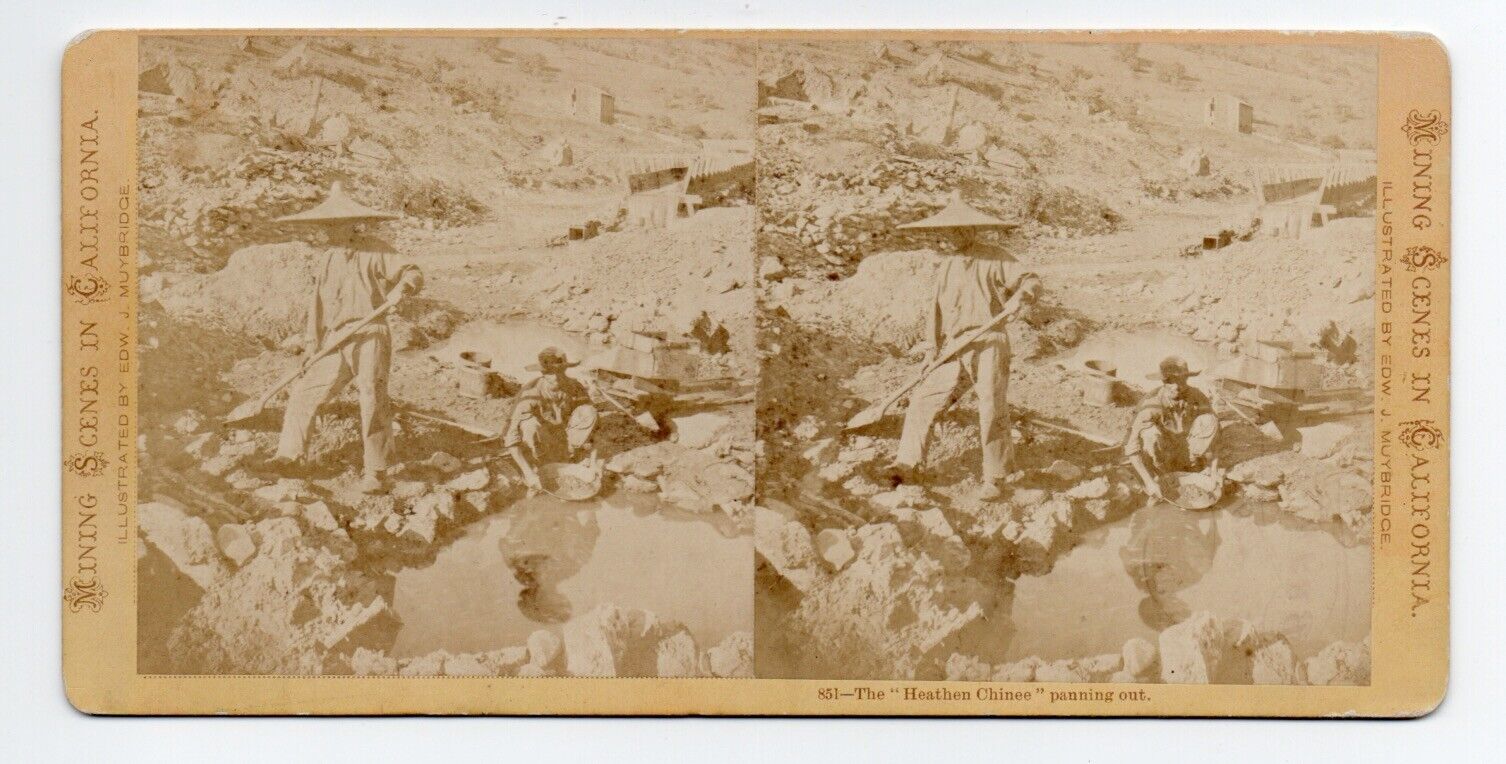Rare 1870s Muybridge Stereoview of Chinese Miners Panning for Gold