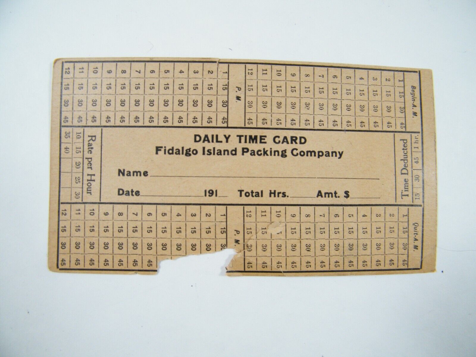 VINTAGE FIDALGO ISLAND PACKING COMPANY DAILY TIME CARD