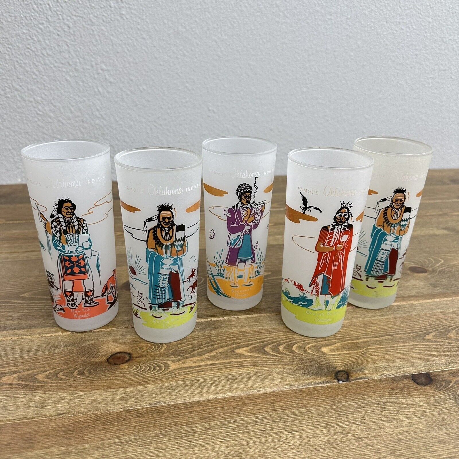 Set of 5 Vintage “Famous Oklahoma Indians” Knox Oil Blue Eagle Frosted Glass Set