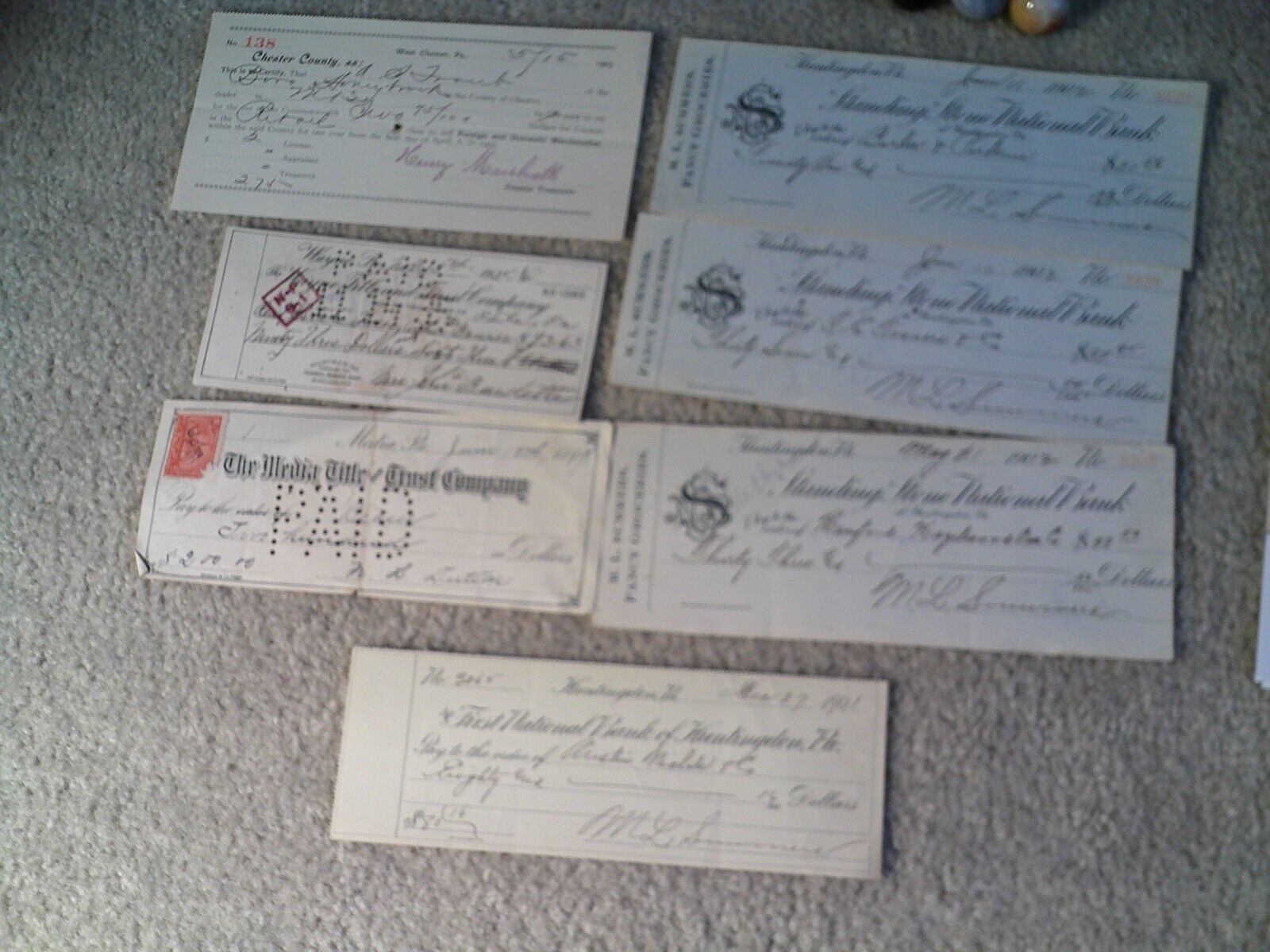 Lot of 7 Vintage 1899-1935 Cancelled Checks Philly Area PA West Chester Media