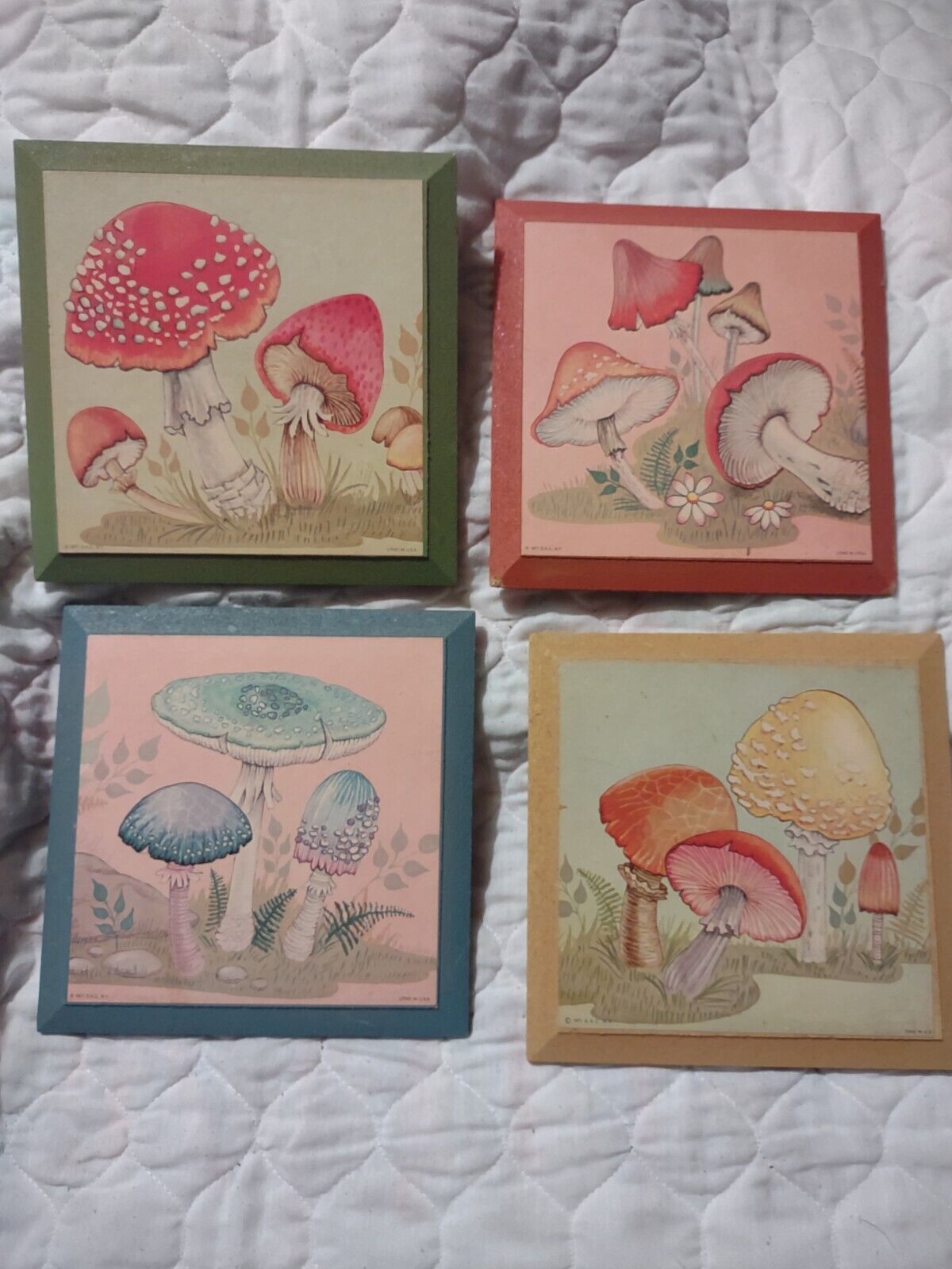 4x Complete Set Mcm Litho Mushrooms Picture Placks Vtg Multi Color Wall Hangers