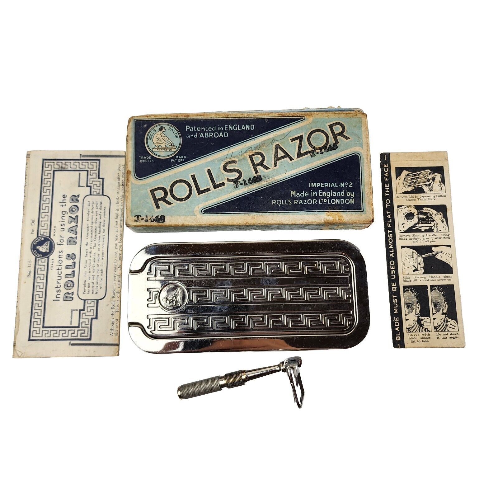 Vintage BRITISH ROLLS Safety Razor STROP HONE BLADE CASE in Box London England