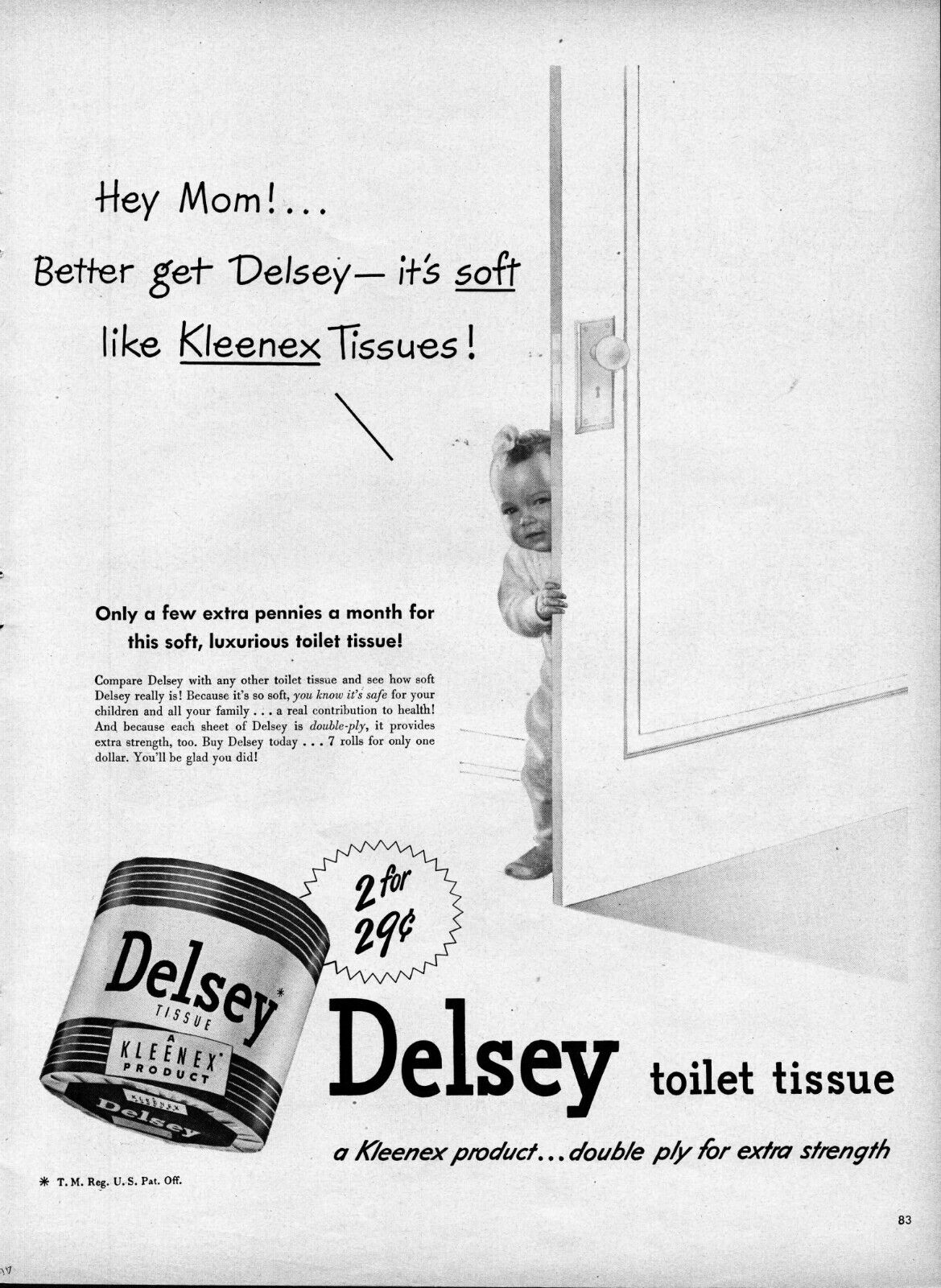 1949 Delsey Toilet Tissue  Vintage Print Ad Adorable Toddler Soft Like Kleenex