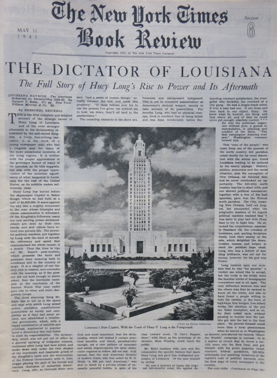LOUISIANA HAYRIDE HUEY LONG - HEISER FISCHER FULLER CLOMAN 1941 MAY 11 NY Times