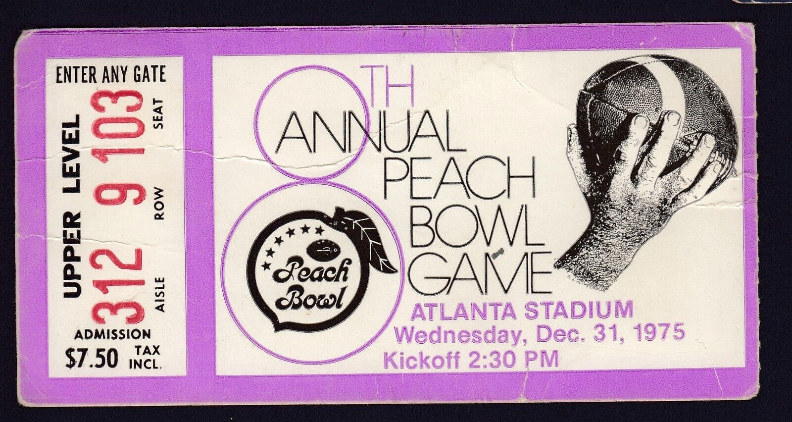 NC State vs West Virginia December 31 1975 Peach Bowl Vintage FB Ticket Stub