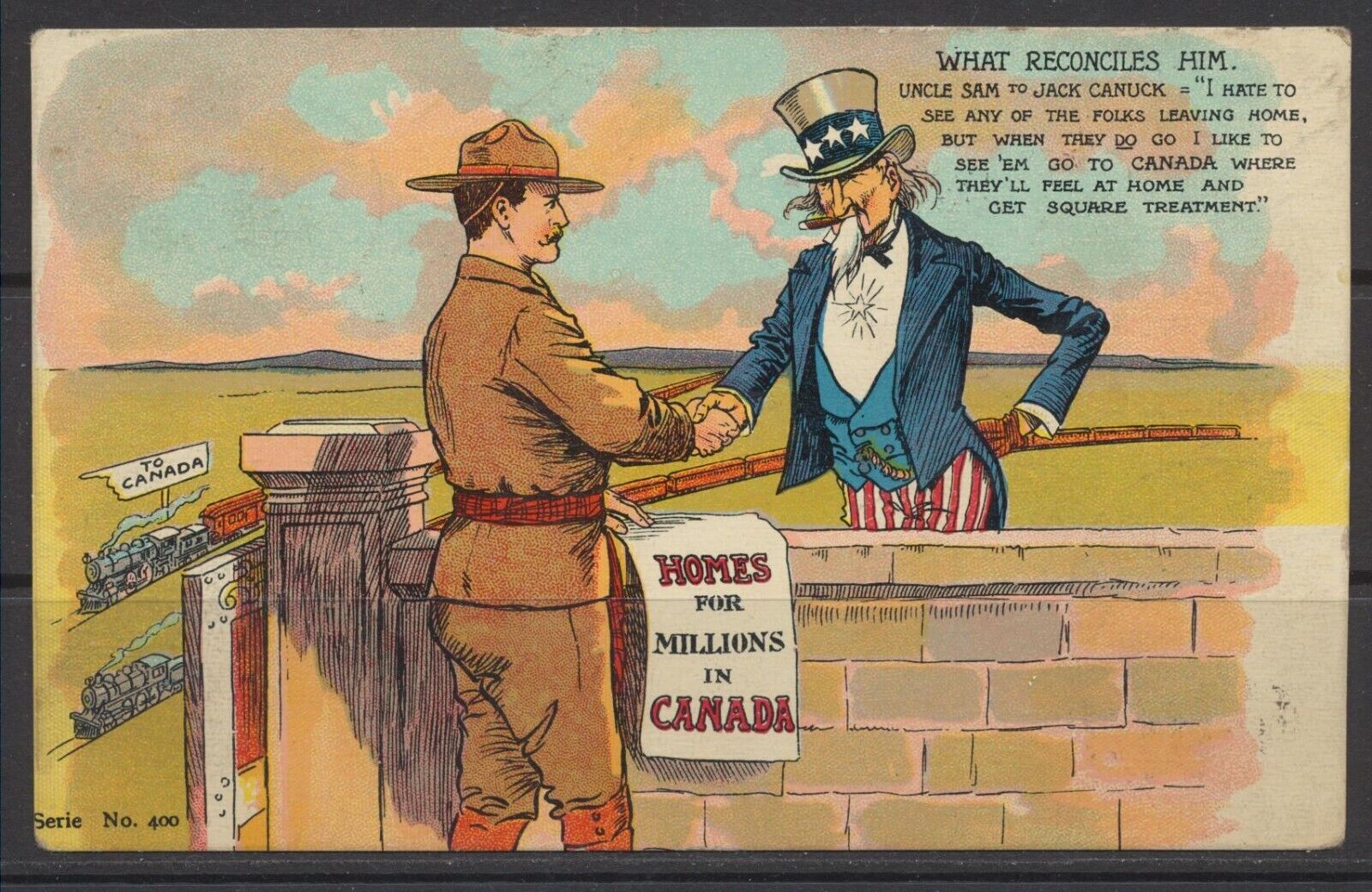 1906 Canada ~ What Reconciles Him ~ Homes For Millions ~ Uncle Sam & Jack Canuck