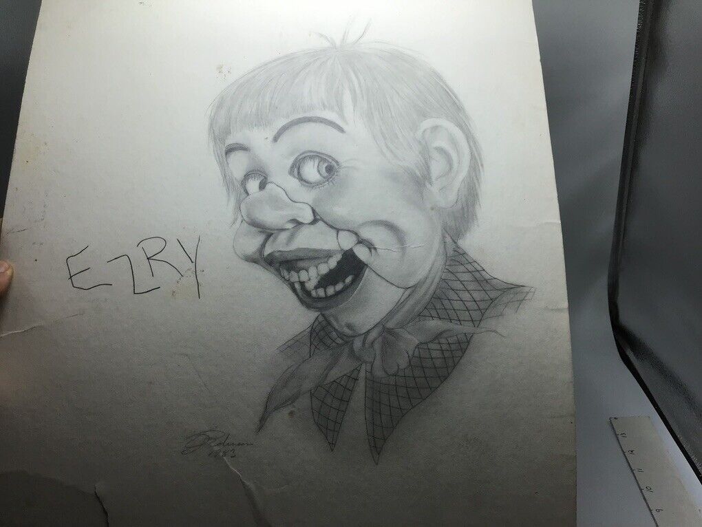 original drawing Ventriloquist Dummy Doll SIGNED 1983 EZRY Brain Hamilton 20x15\