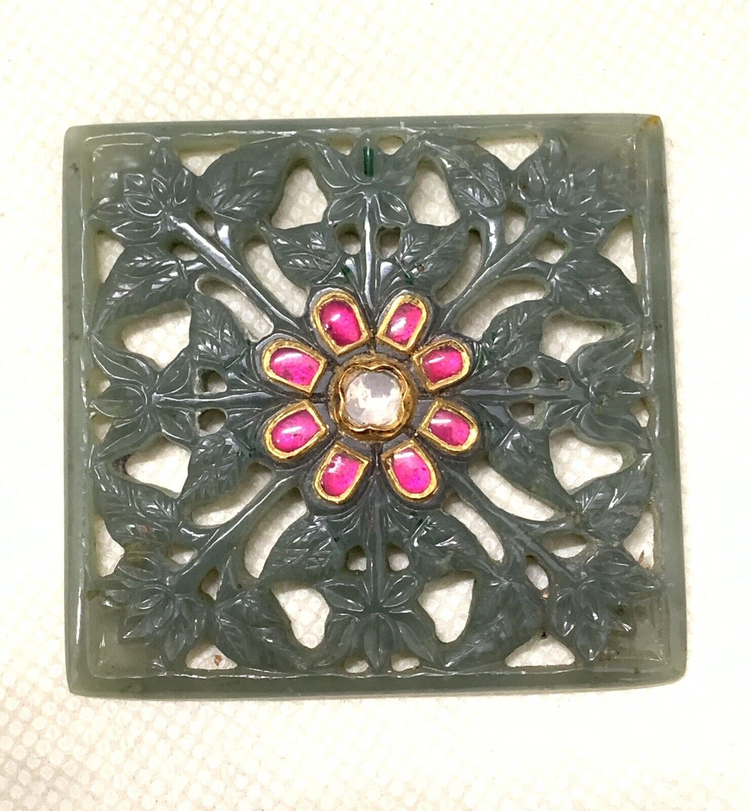 MUGHAL STYLE JADE PENDENT PLAQUE STUD WITH DIAMOND , RUBY AND 24 Kt REAL GOLD