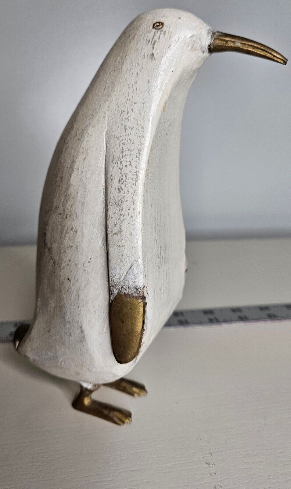 Rare Vintage White Distressed Wood And Brass Penguin Figurine 8\