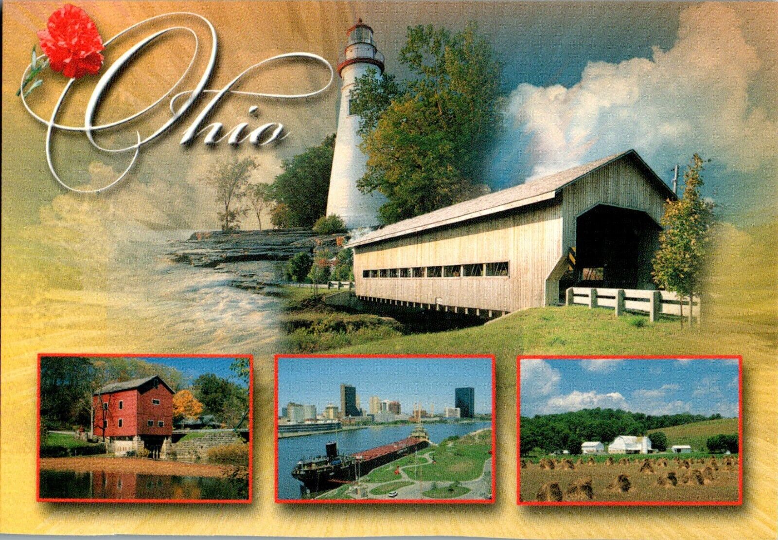 Covered Bridge, Indian Mill, Museum Ship, Ohio OH chrome multiview Postcard