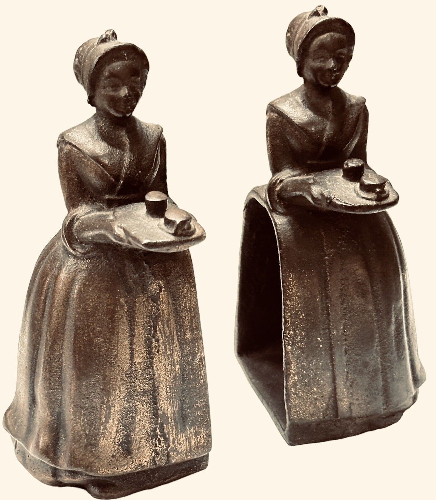 Antique Walter Baker Cast Iron Baker\'s Chocolate Lady Bookends Figurines 