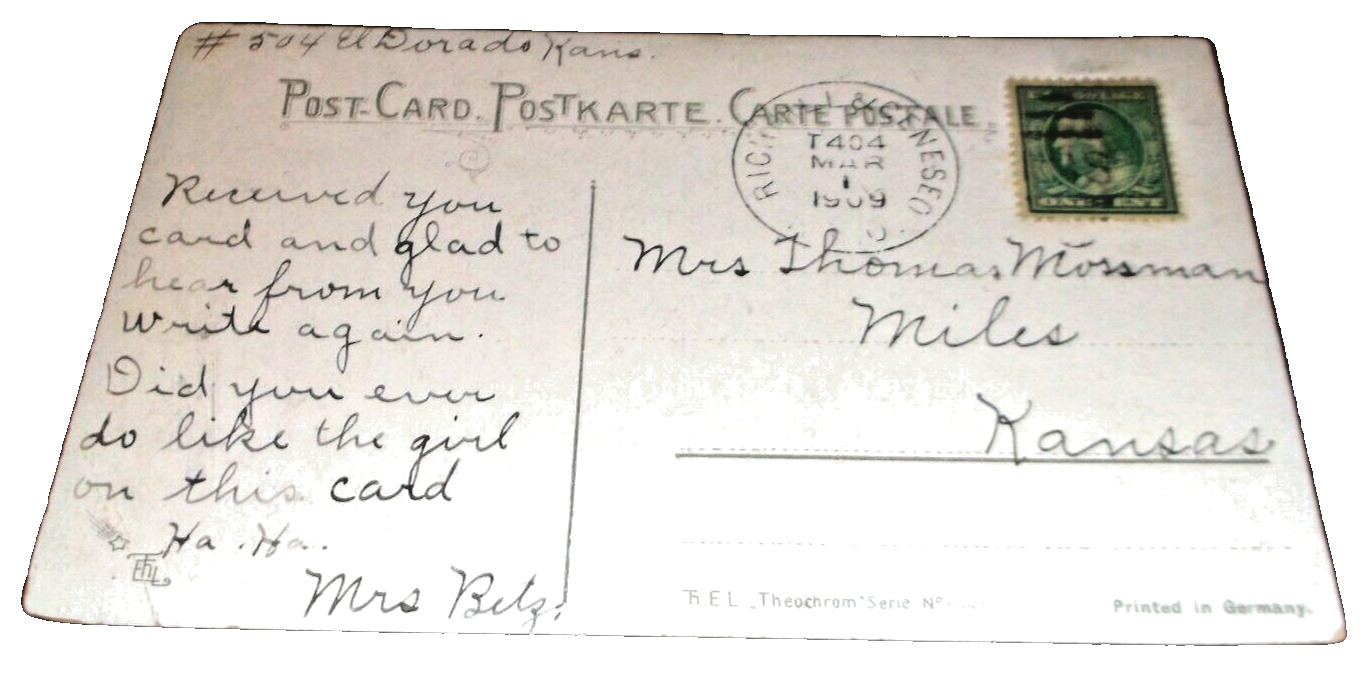 1909 MISSOURI PACIFIC MOPAC RICH HILL & GENESEO RPO HANDLED POST CARD