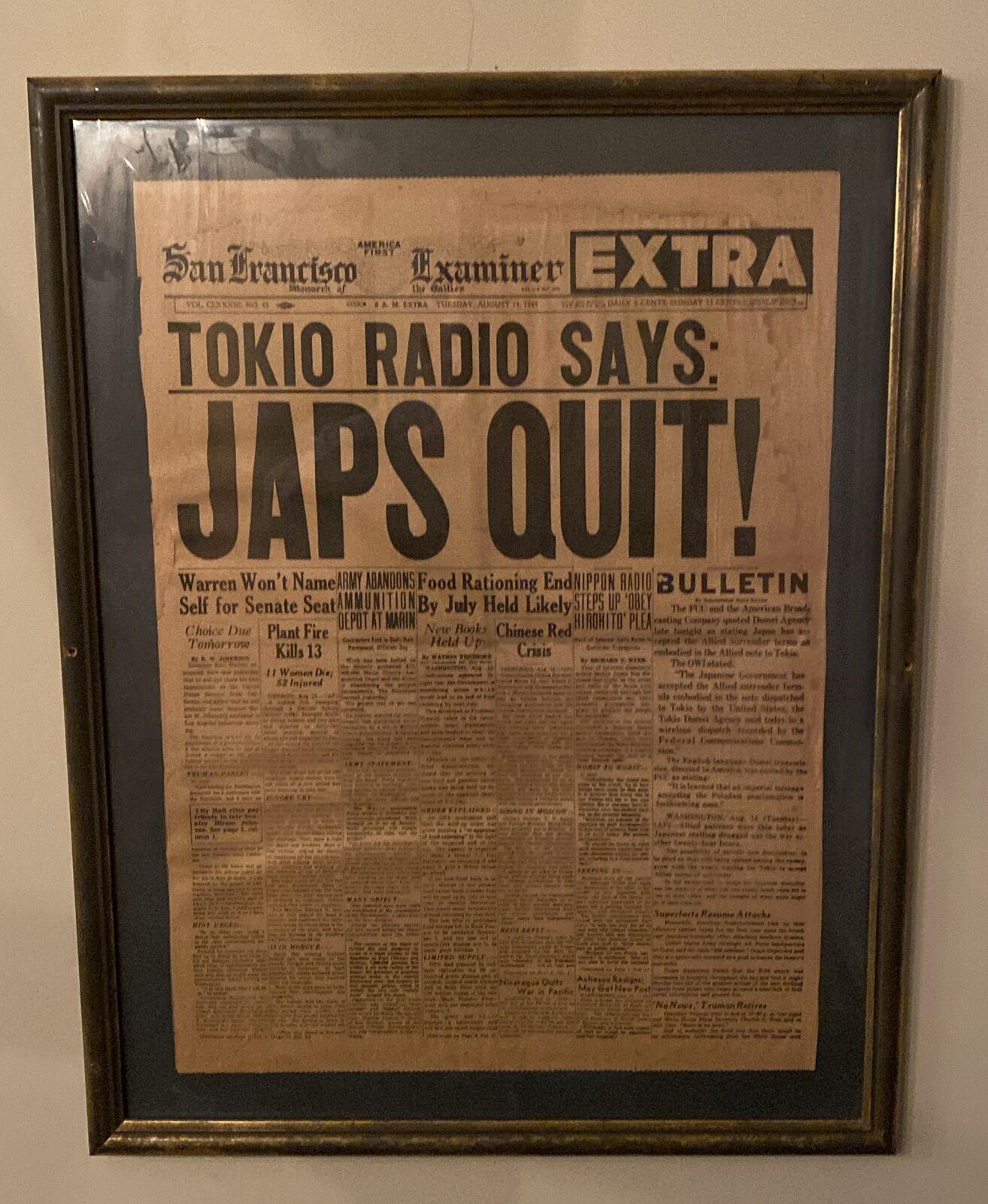 San Francisco Examiner Tokio Radio Says JAPS QUIT  August 14, 1945 V-J Day WWII