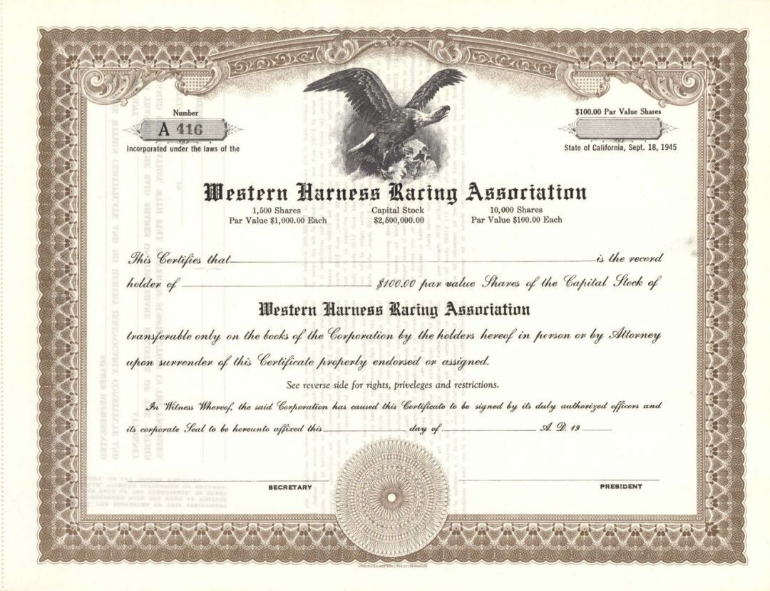 Western Harness Racing Association - Stock Certificate - Sports Stocks & Bonds