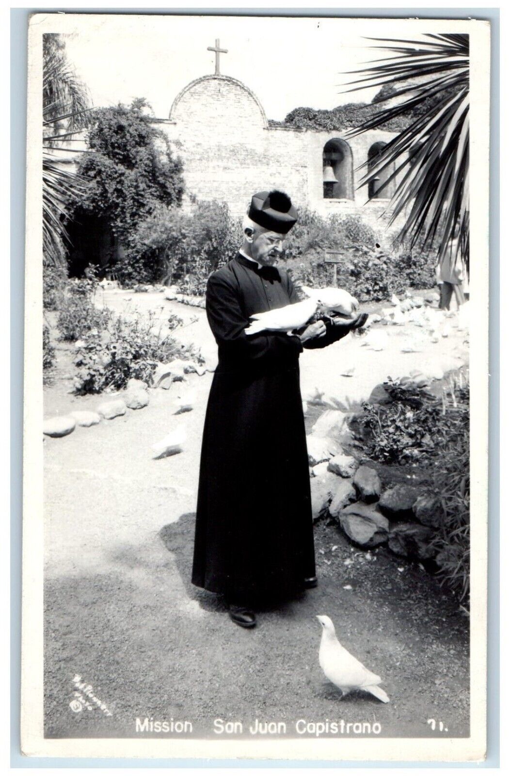 c1940s Mission San Juan Capistrano Priest Dove California CA RPPC Photo Postcard