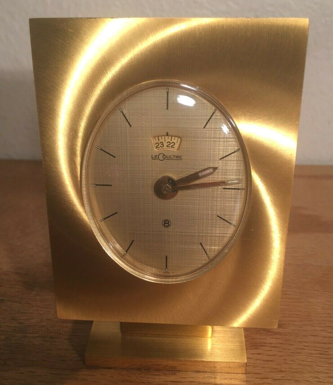 Vintage New Jaeger LeCoultre 8-Day Alarm Clock, Gilded Rectangle Oval Dial Gold 