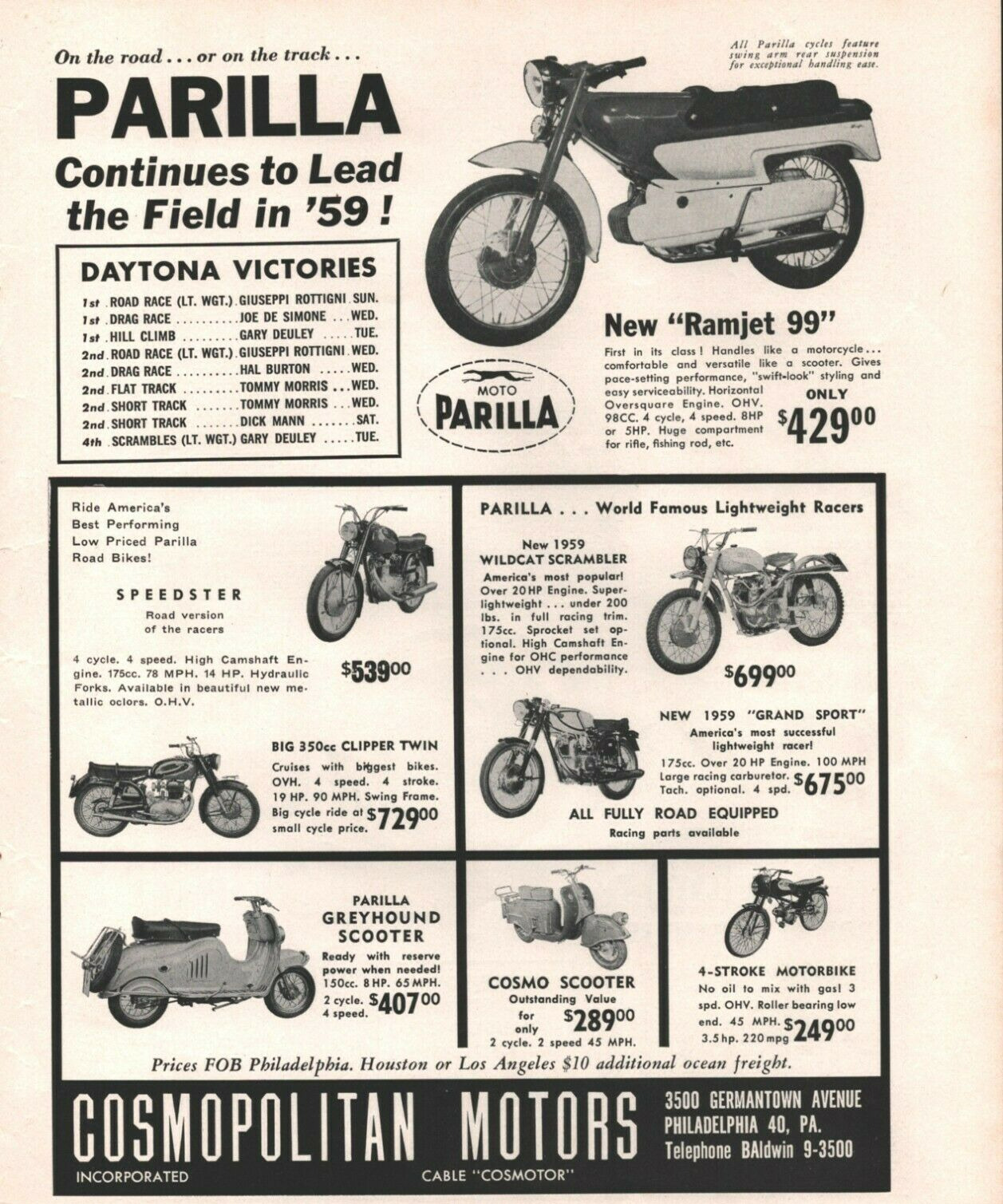 1959 Parilla Ramjet Greyhound Scooter Cosmopolitan Motors Vintage Motorcycle Ad