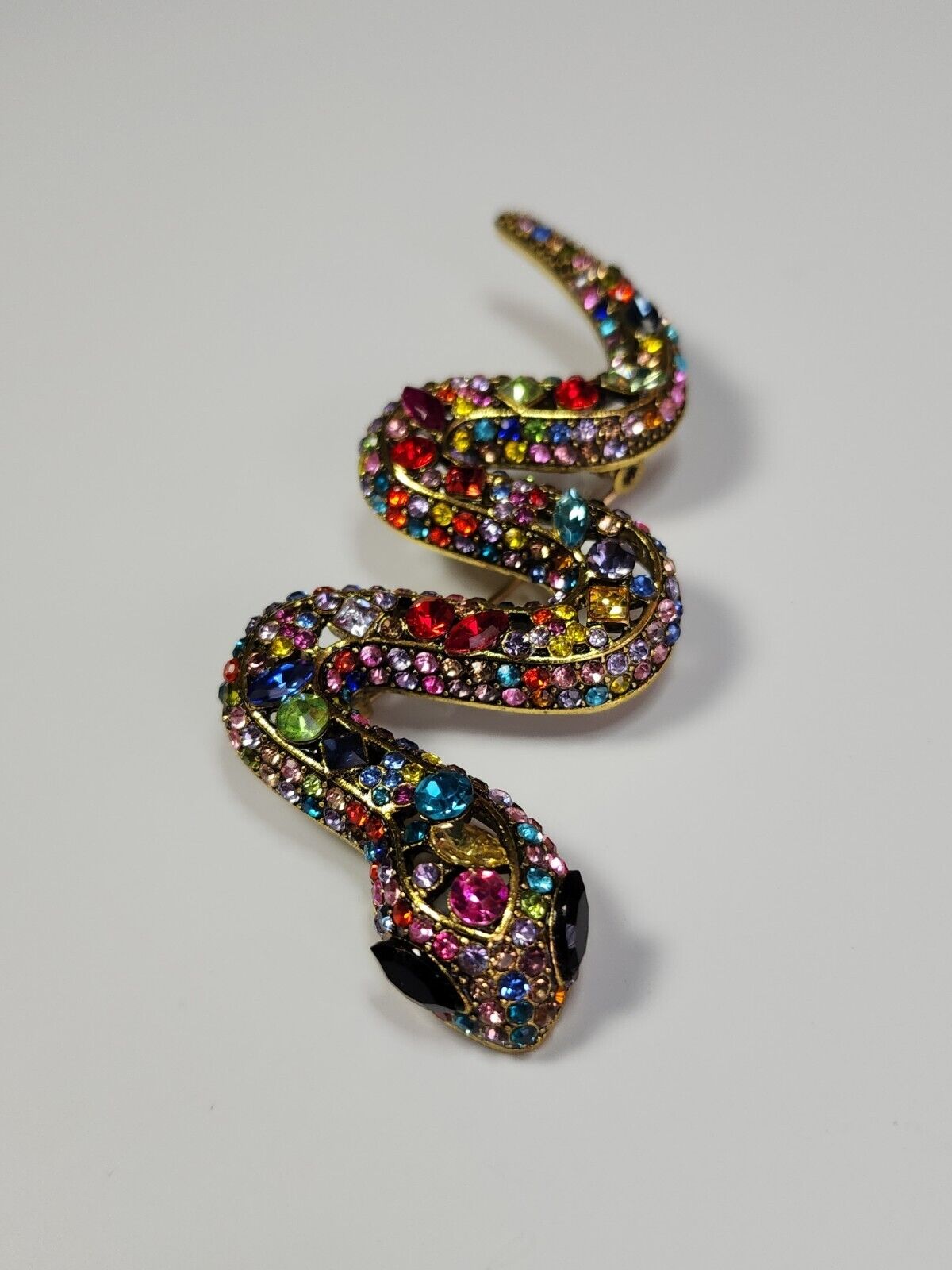 Sparkling Multi-Color Snake Brooch Lapel Pin Large Size Faux Jewels 