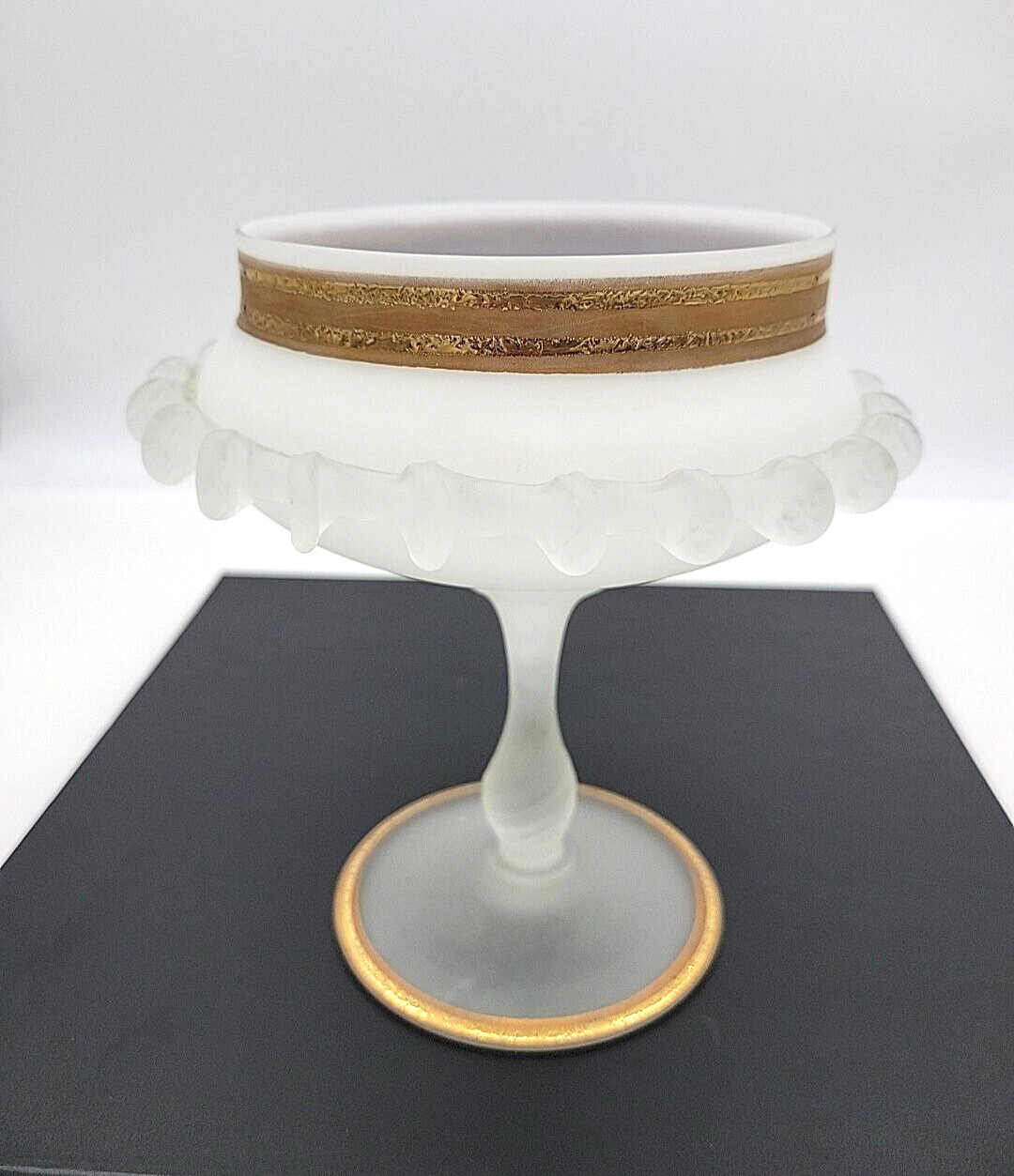 Vtg MCM Empoli Italy Art Milk Glass Stemmed Candy Dish Bowl Compote Gold Trim