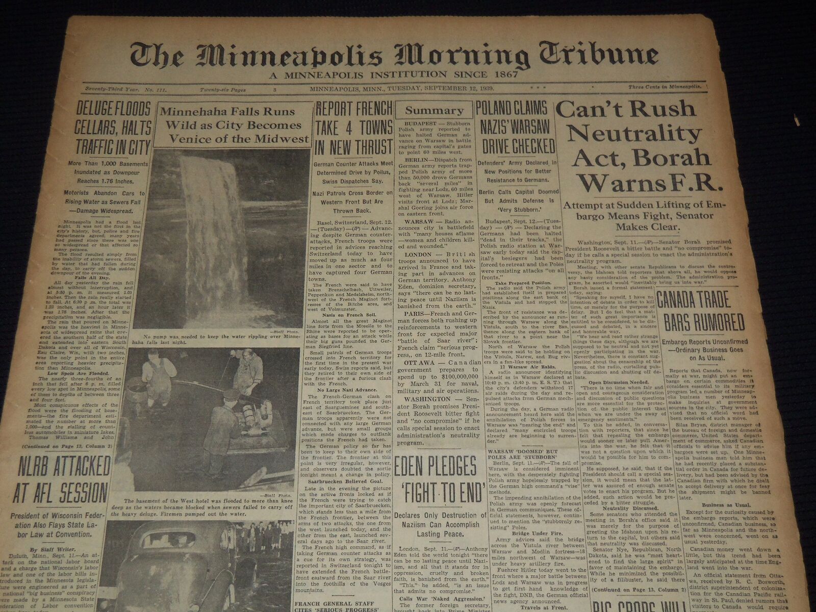 1939 SEPT 12 MINNEAPOLIS MORNING TRIBUNE NEWSPAPER - NEUTRALITY ACT - NT 9528
