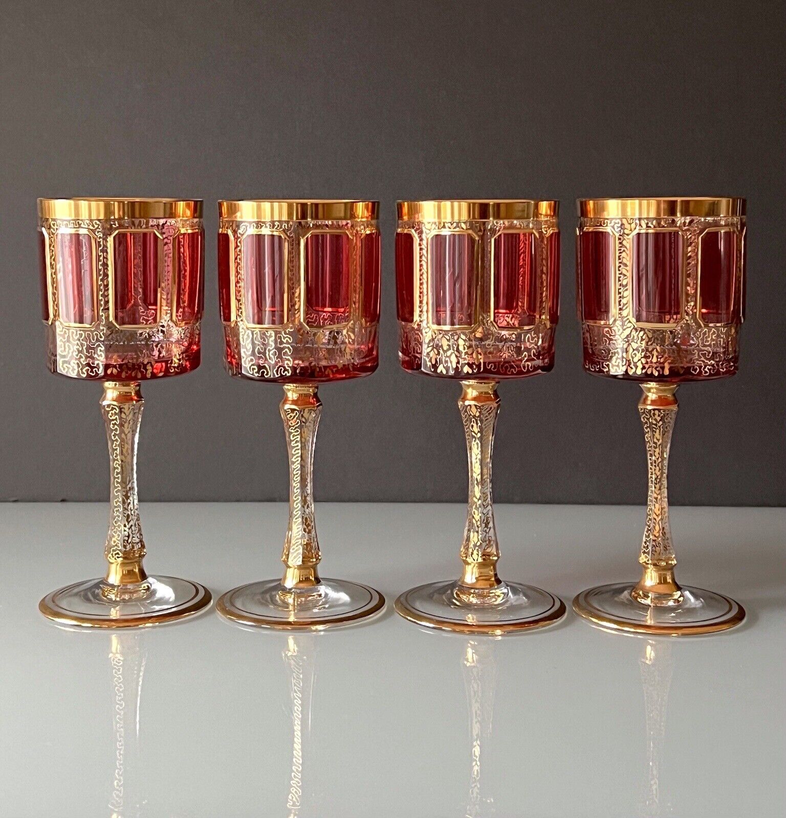 4 Bohemian Moser Style Glass Wine Goblets Cabochon Cranberry and Gold  7 1/4”H
