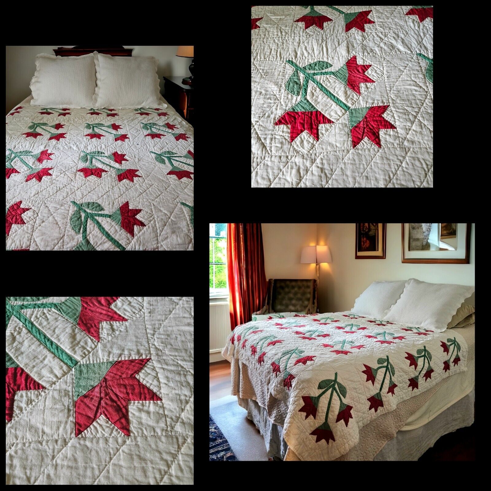 Vintage Quilt Handmade Red Tulip Full Size Excellant Condition 