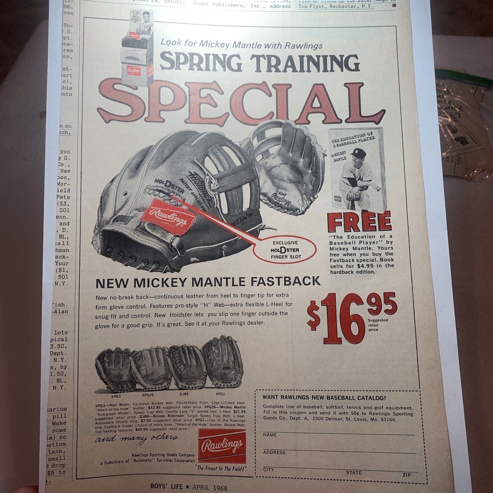 1968 RAWLINGS Mickey Mantle Fastback Baseball Glove Vintage Print Ad