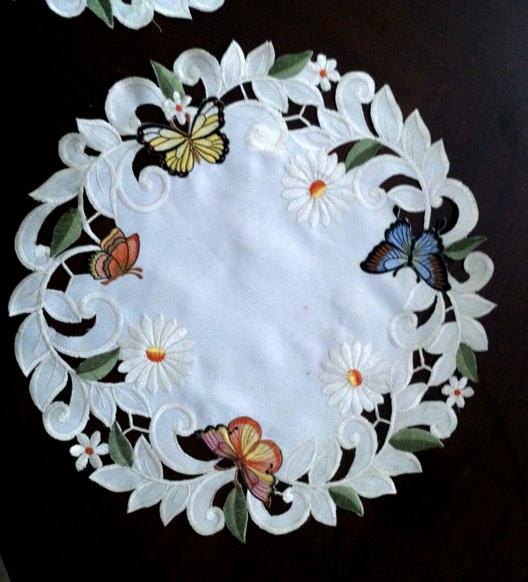 2 Antique Fabric doilies St. Augustine FL Embroidered Butterflies Flowers