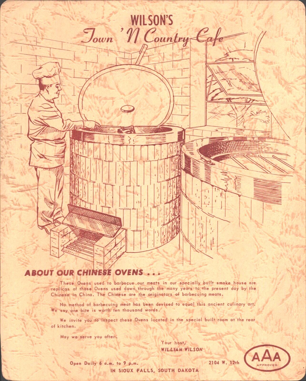 1950s WILSON\'S TOWN \'N COUNTRY CAFE vintage BBQ menu SIOUX FALLS, SOUTH DAKOTA