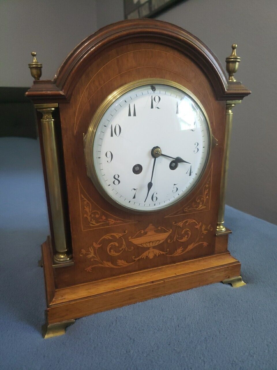 French Edwardian Gothic Walnut Mantle Clock with Inlay *SEE
