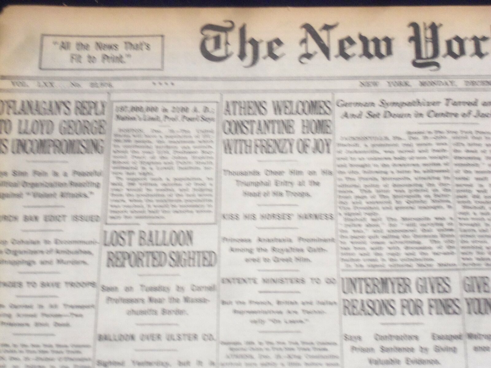 1920 DECEMBER 20 NEW YORK TIMES - ATHENS WELCOMES CONSTANTINE HOME - NT 8498