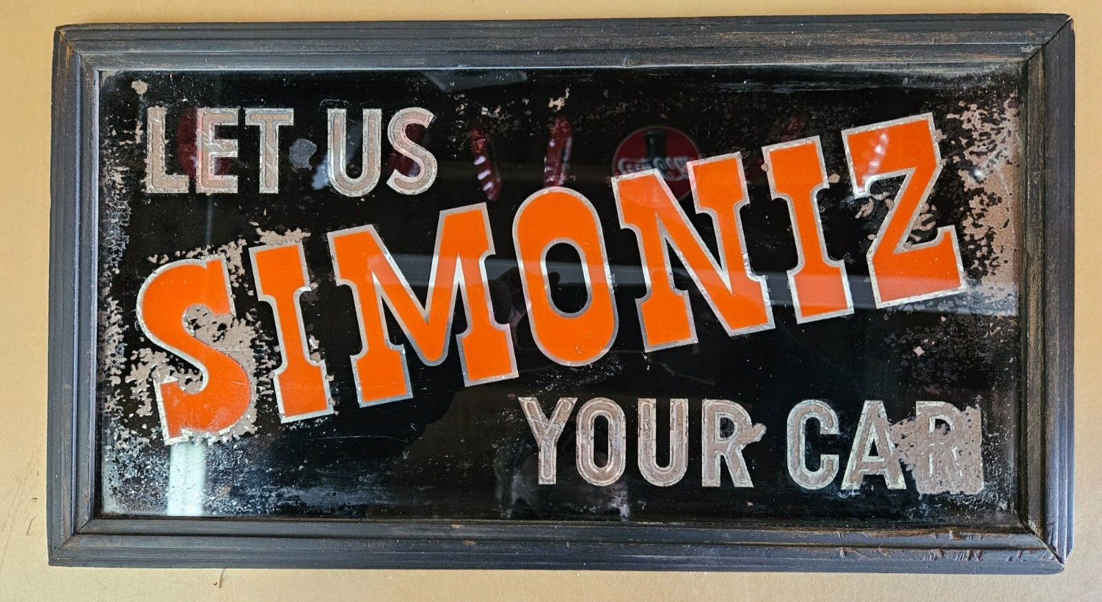 RARE 1930s Simoniz Car Wax Sign Reverse Painted glass Gas Station Advertisement