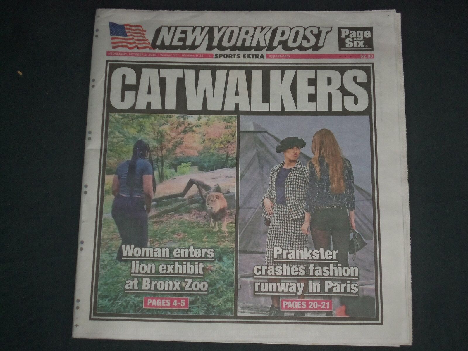 2019 OCTOBER 2 NEW YORK POST NEWSPAPER - WOMAN ENTERS LION EXHIBIT AT BRONX ZOO