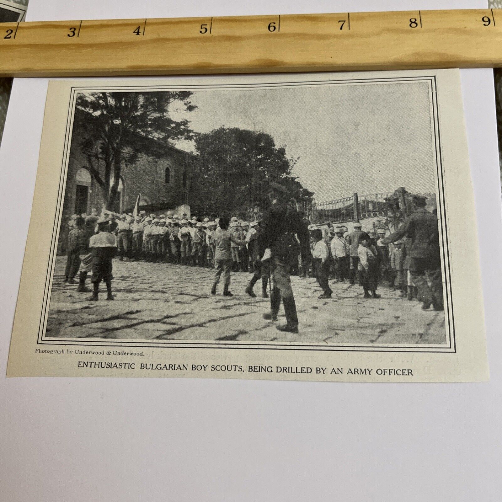 Antique 1912 Image Enthusiastic Bulgarian Boy Scouts, Being Drilled Army Officer