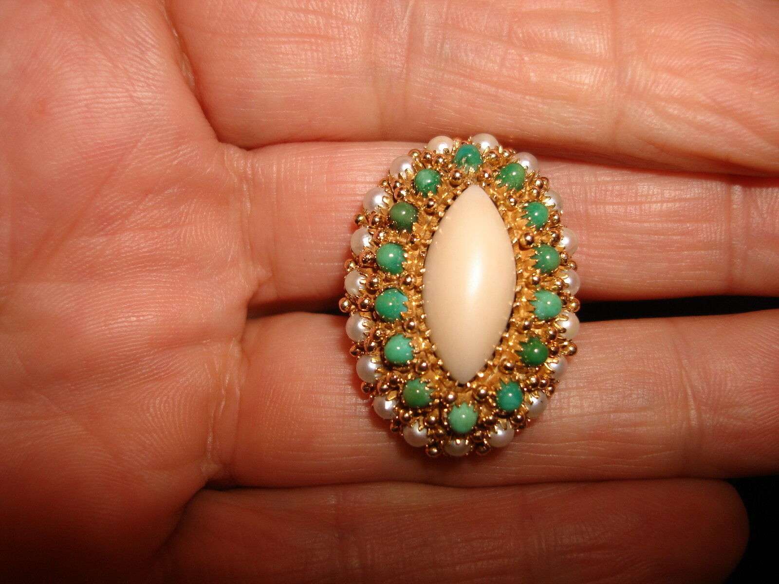 VTG UNIQUE CORAL PERSIAN TURQUOISE PEARL RING 14 KARAT YELLOW SOLID GOLD SIZE 6