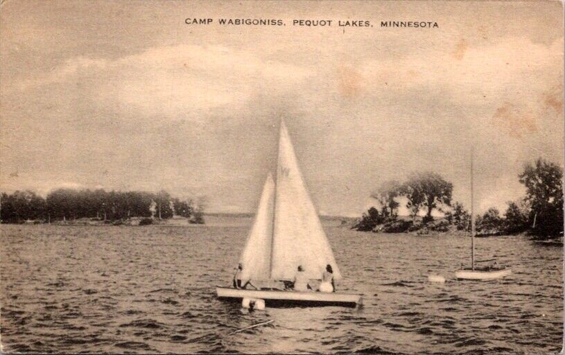 Vintage Postcard Camp Wabigoniss Pequot Lakes Minnesota MN Sail Boat 1946   O162