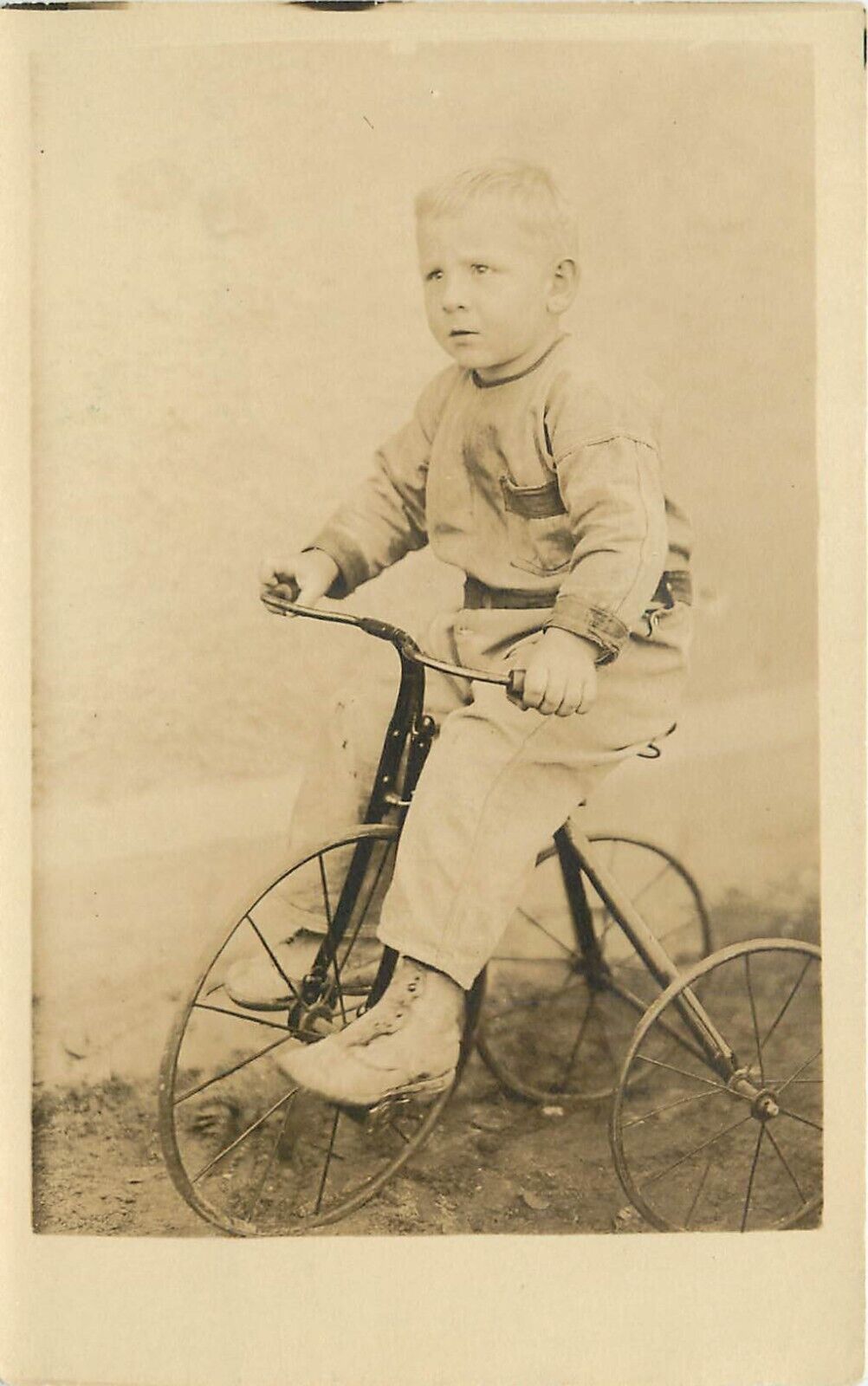 c1920 RPPC Postcard; Blonde Toddler Boy on Early Tricycle, Unknown US, Unposted