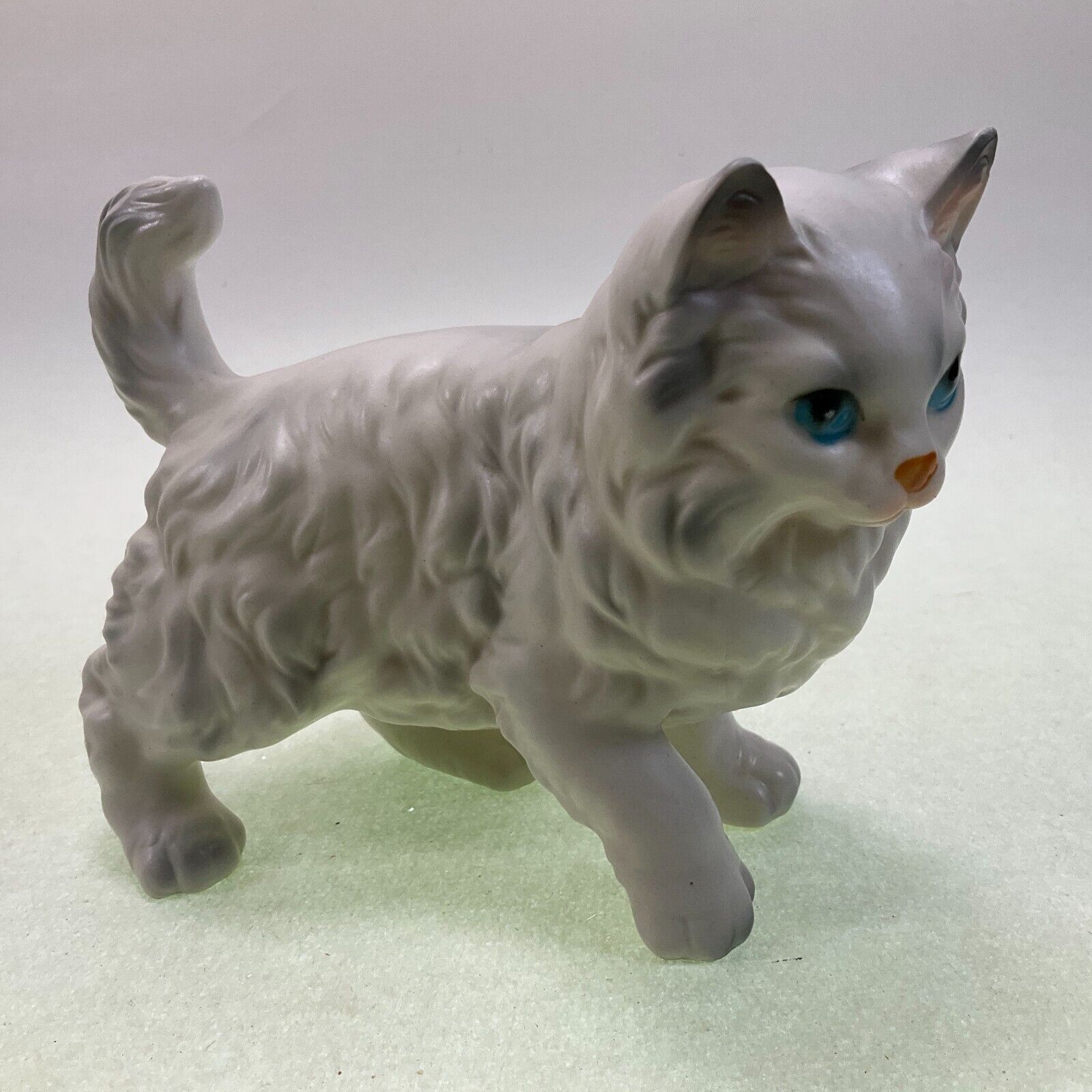 Vintage Lefton Bone China Fluffy White w/Grey Accents Blue Eyed Kitten Figurine