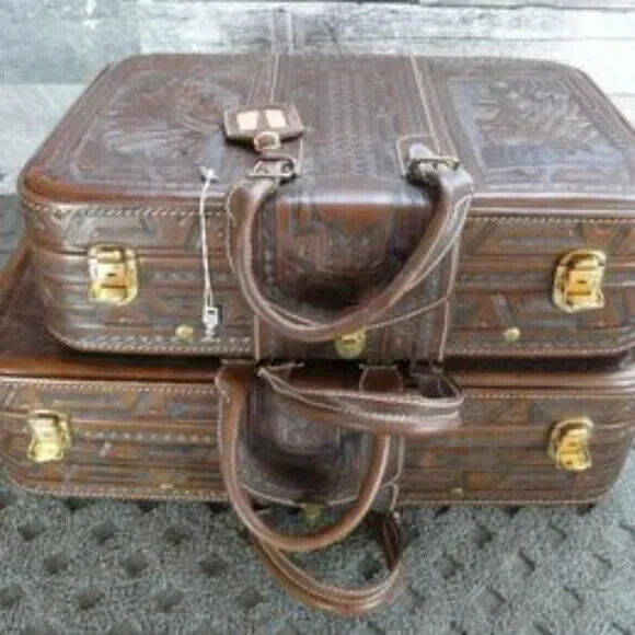 Pair of Vintage Mexican Leather Tooled Suitcases - Excellent w Keys