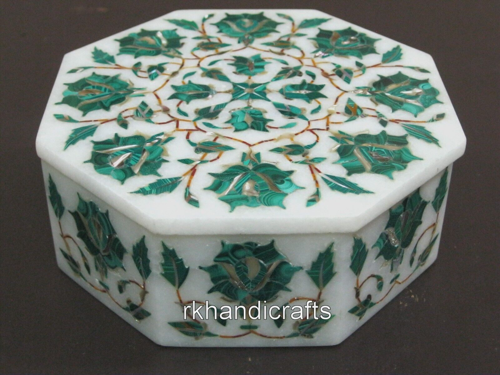 6 x 6 Inches Octagon Marble Jewelry Box Inlaid with Malachite Stone Brooches Box