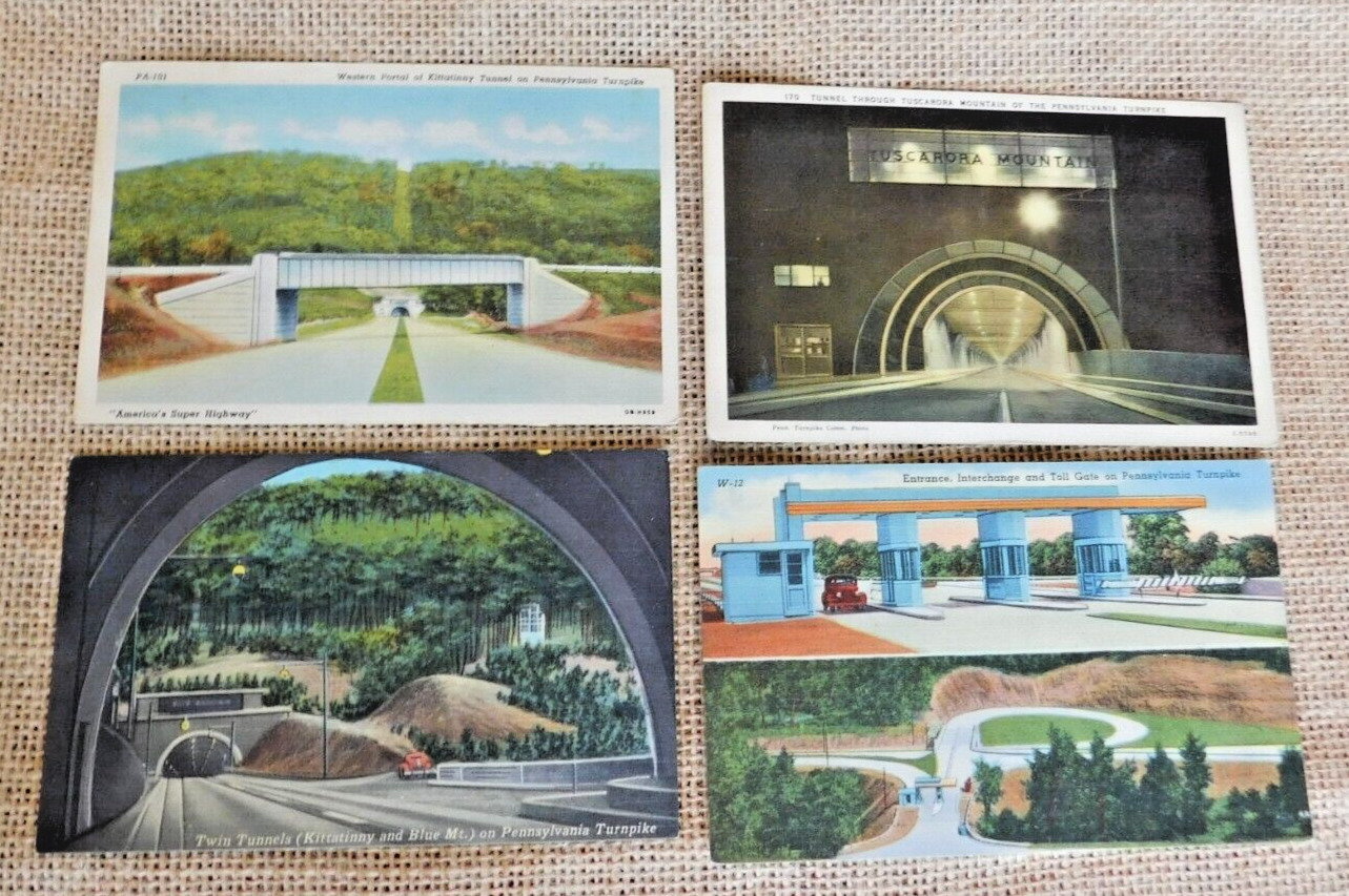 Pennsylvania Turnpike Lot of 4 Vintage Linen Postcards Tunnel Toll Gate