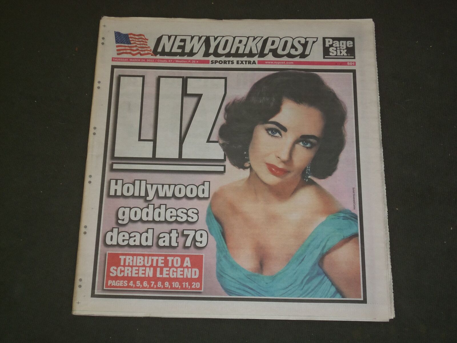 2011 MARCH 24 NEW YORK POST NEWSPAPER - ELIZABETH TAYLOR DEAD- 1932-2011-NP 3109