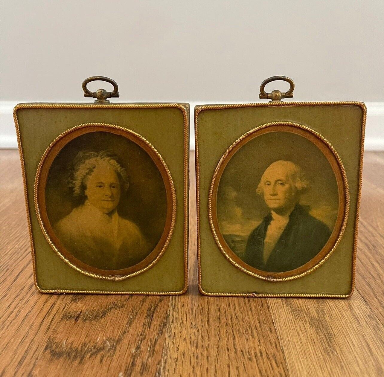 Antique George & Martha Washington Portraits Gilbert Stuart Wooden Frames RARE