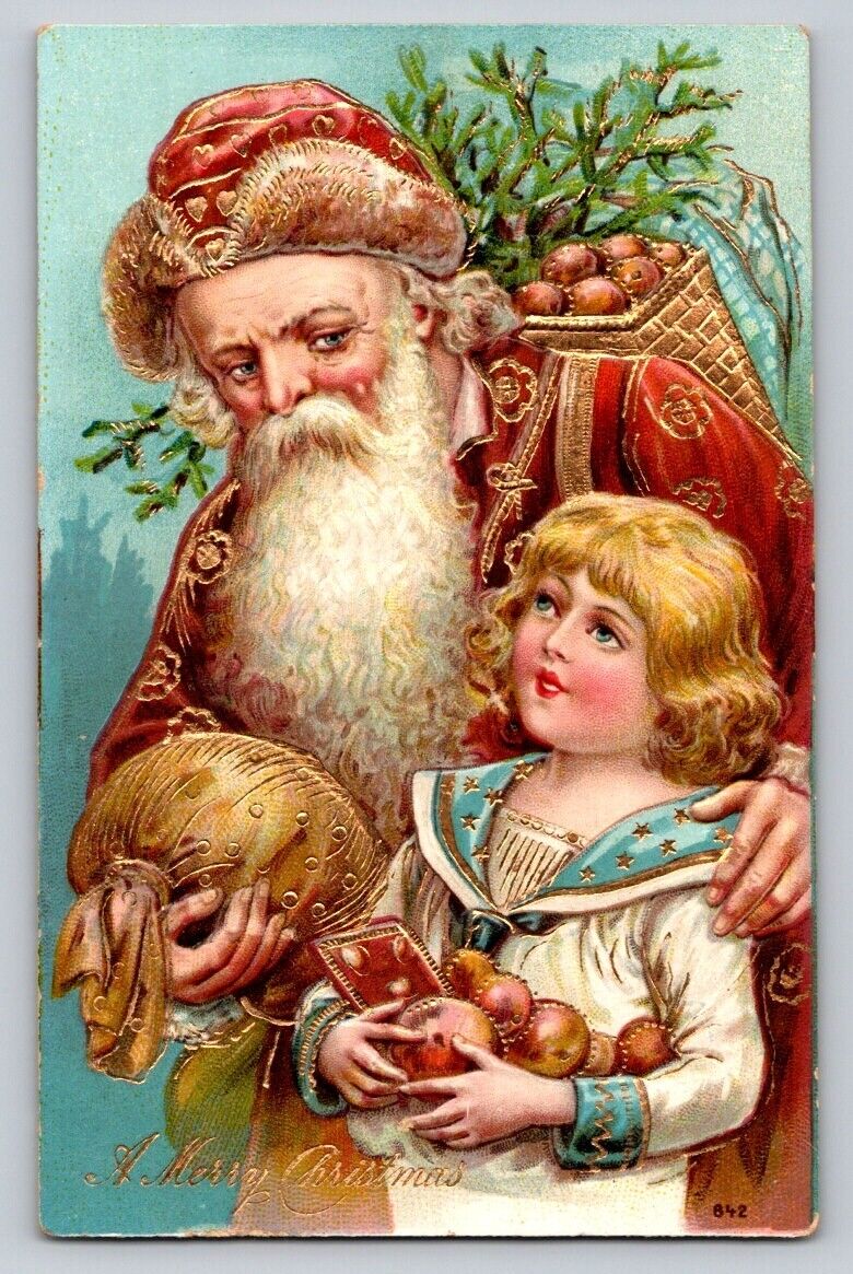 c1910 Lovely Old World Santa Claus Child Tree Apples Gilt Christmas P227