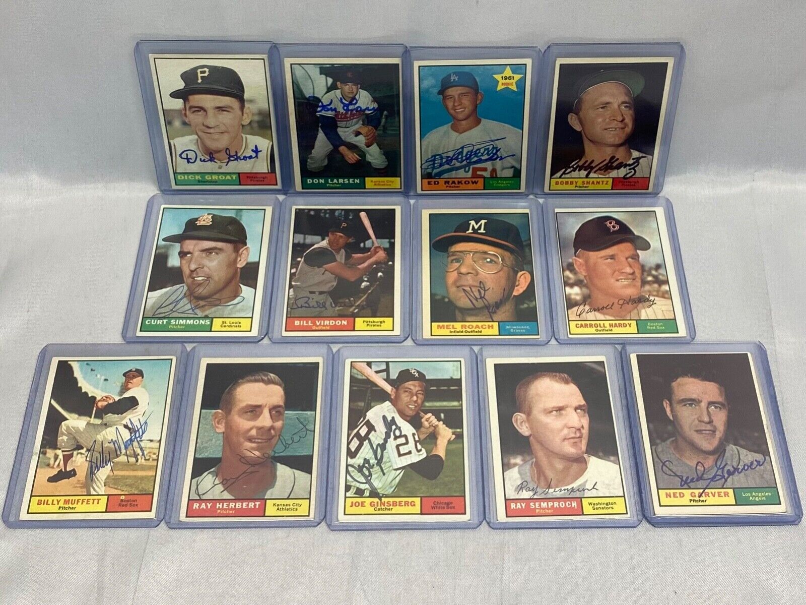 1961 Topps Baseball SIGNED cards---Don Larsen, Groat & Ed Rakow---LOT of 13